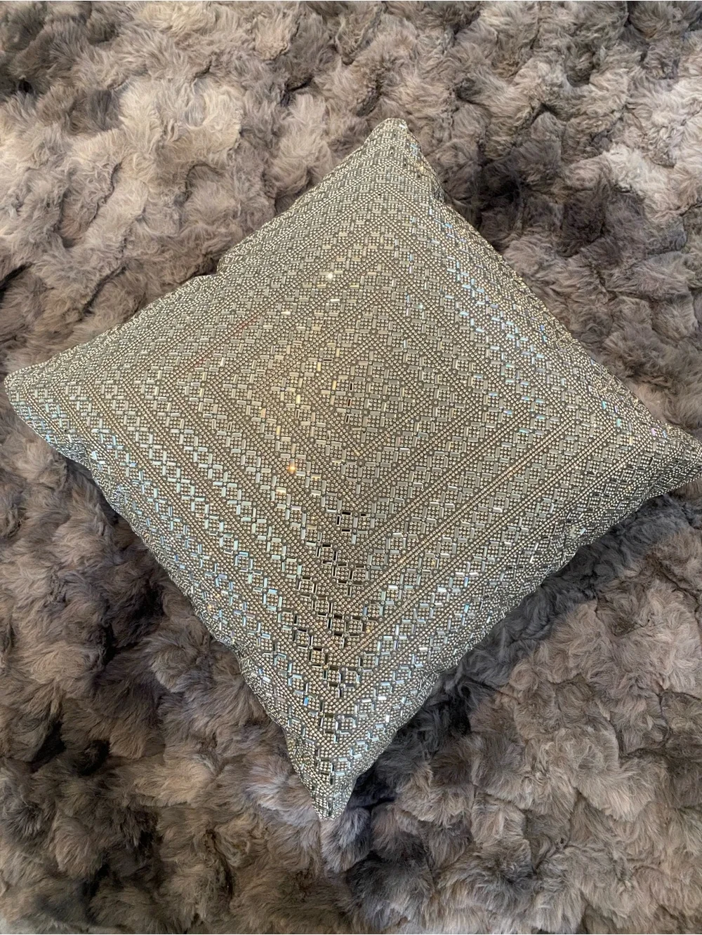 Embellished Rhinestones Square Throw Pillow - Silver & Gray